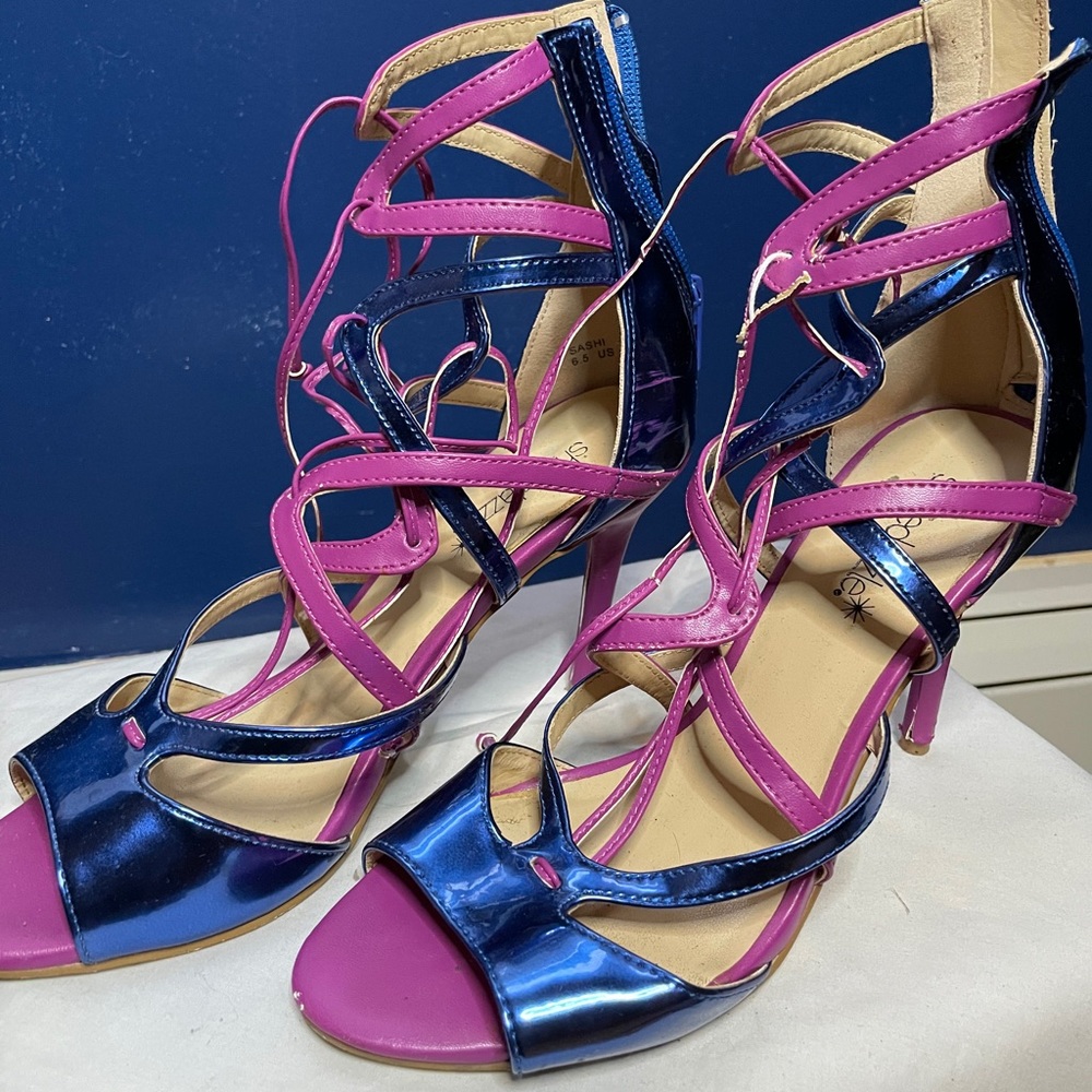 purple and blue holo heels
